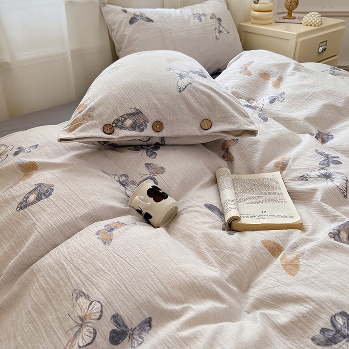 91家纺网 家纺一手货源 找家纺 优尚佳生活馆 2025秋冬新款高克重亚麻复古侘季风复麻系列四件套 蝶梦浅纱