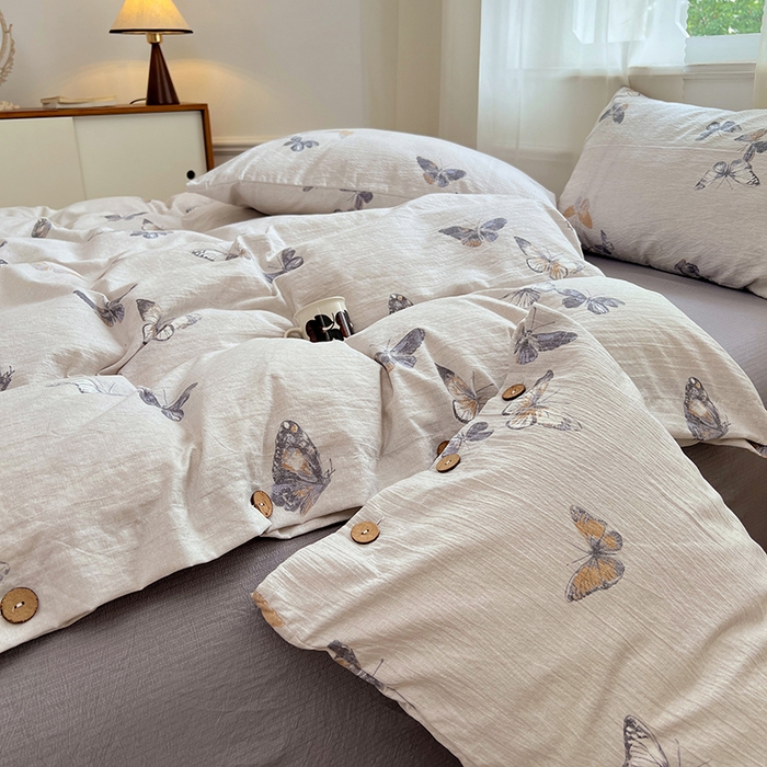 91家纺网 家纺一手货源 找家纺 优尚佳生活馆 2025秋冬新款高克重亚麻复古侘季风复麻系列四件套 蝶梦浅纱