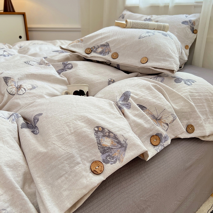 91家纺网 家纺一手货源 找家纺 优尚佳生活馆 2025秋冬新款高克重亚麻复古侘季风复麻系列四件套 蝶梦浅纱