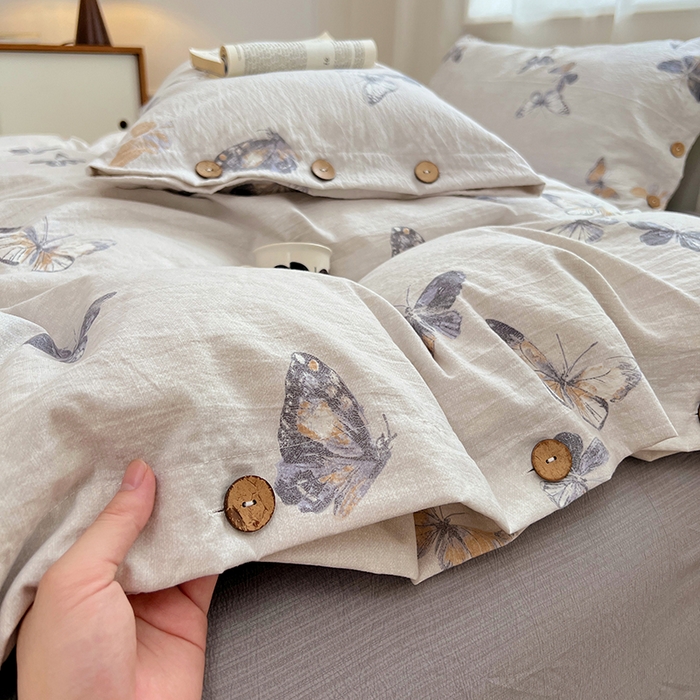 91家纺网 家纺一手货源 找家纺 优尚佳生活馆 2025秋冬新款高克重亚麻复古侘季风复麻系列四件套 蝶梦浅纱