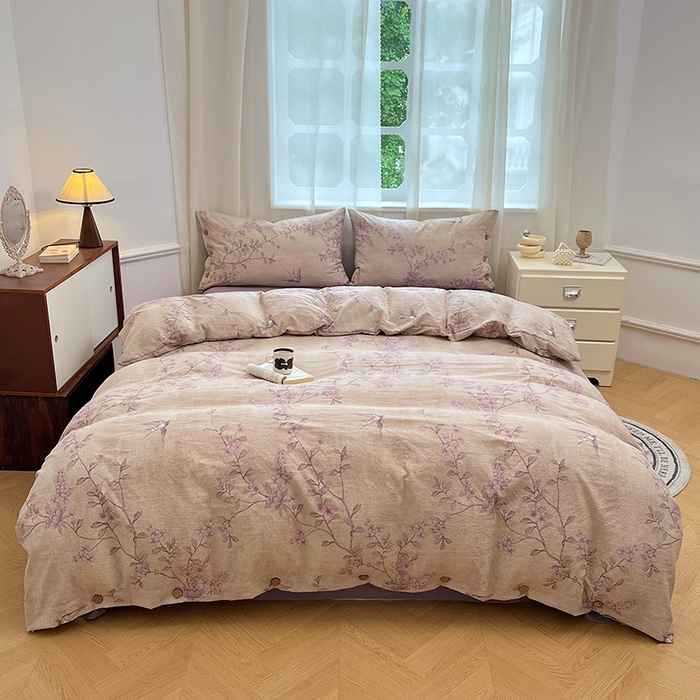 91家纺网 家纺一手货源 找家纺 优尚佳生活馆 2025秋冬新款高克重亚麻复古侘季风复麻系列四件套 粉花眠语