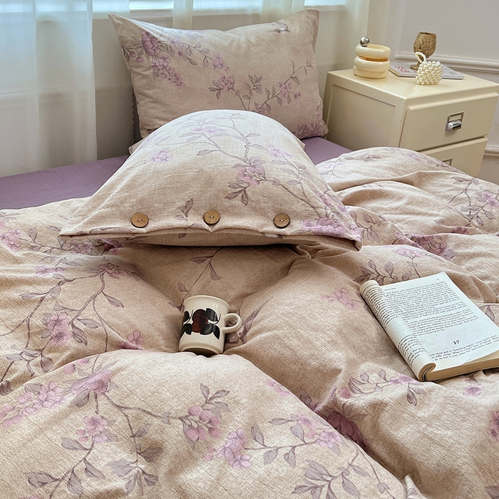 91家纺网 家纺一手货源 找家纺 优尚佳生活馆 2025秋冬新款高克重亚麻复古侘季风复麻系列四件套 粉花眠语