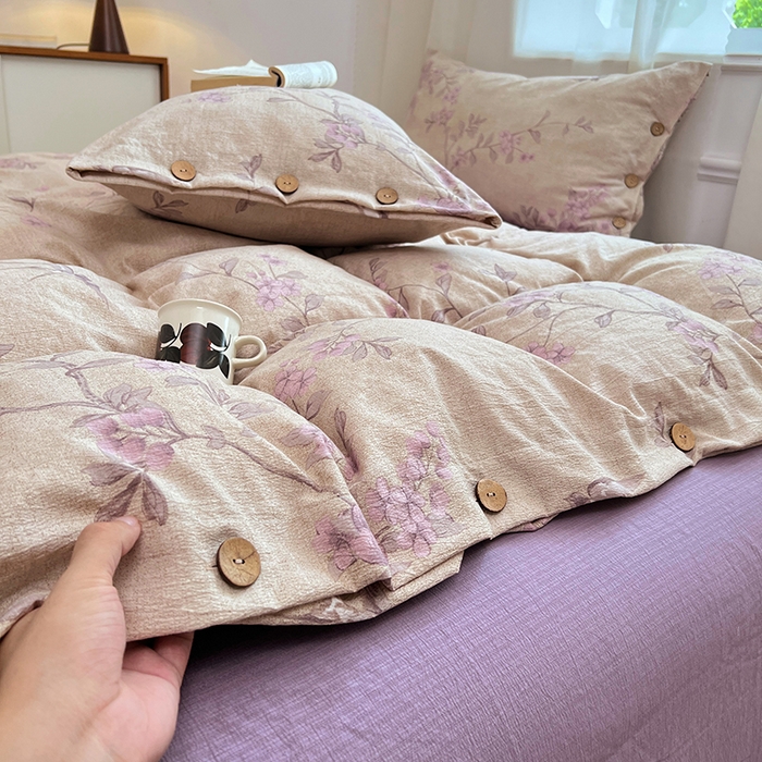 91家纺网 家纺一手货源 找家纺 优尚佳生活馆 2025秋冬新款高克重亚麻复古侘季风复麻系列四件套 粉花眠语