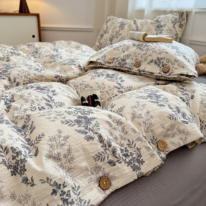 91家纺网 家纺一手货源 找家纺 优尚佳生活馆 2025秋冬新款高克重亚麻复古侘季风复麻系列四件套 浅枝墨语