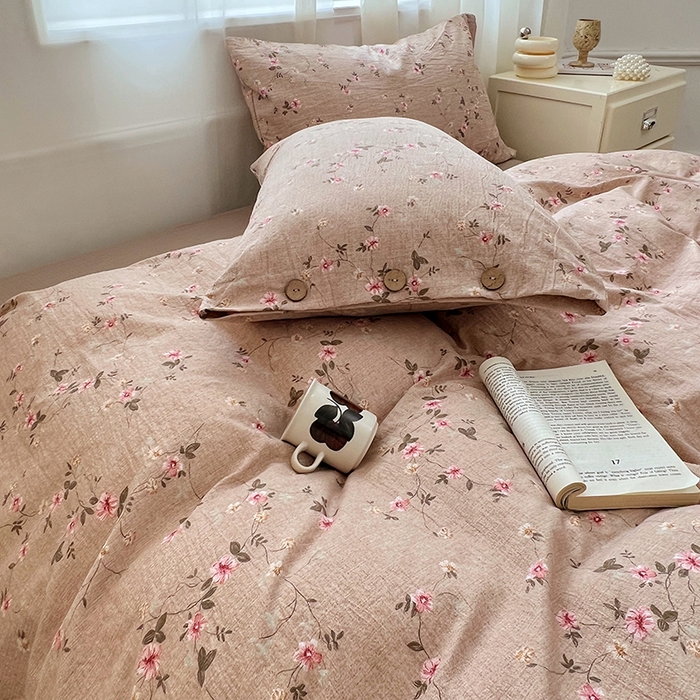 91家纺网 家纺一手货源 找家纺 优尚佳生活馆 2025秋冬新款高克重亚麻复古侘季风复麻系列四件套 柔粉蔓香