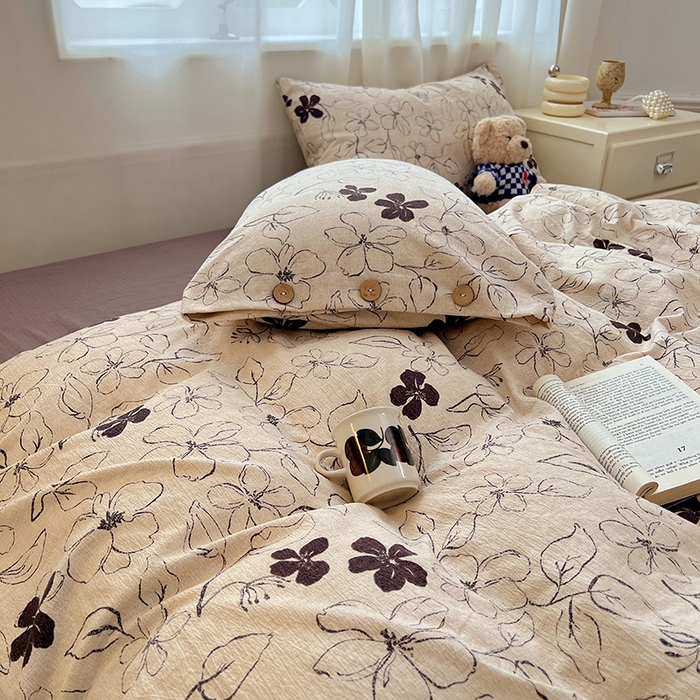 91家纺网 家纺一手货源 找家纺 优尚佳生活馆 2025秋冬新款高克重亚麻复古侘季风复麻系列四件套 素帛花影