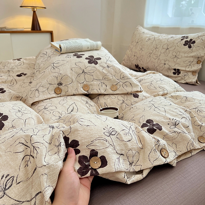 91家纺网 家纺一手货源 找家纺 优尚佳生活馆 2025秋冬新款高克重亚麻复古侘季风复麻系列四件套 素帛花影