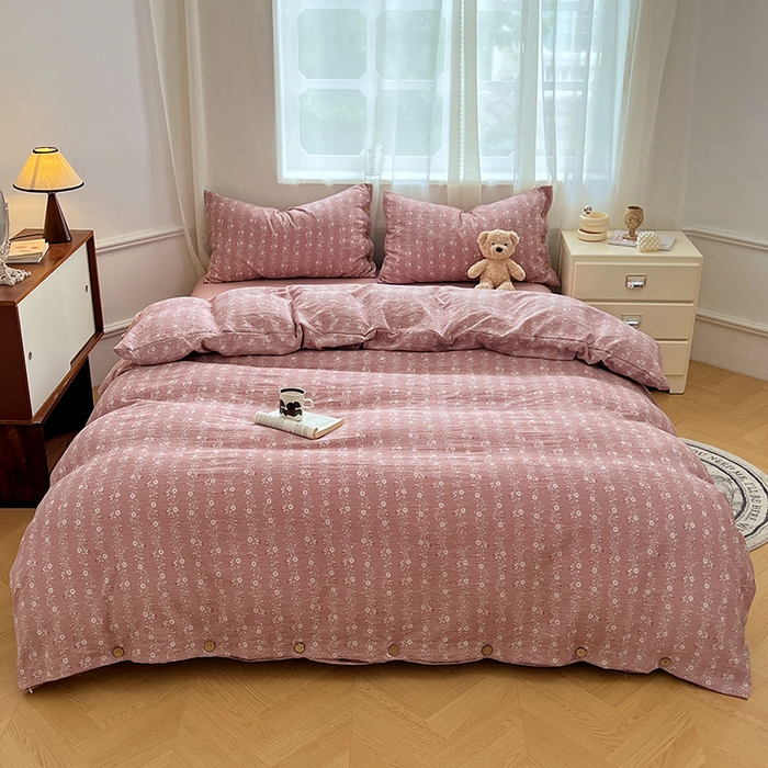 91家纺网 家纺一手货源 找家纺 优尚佳生活馆 2025秋冬新款高克重亚麻复古侘季风复麻系列四件套 紫菱粉蔓