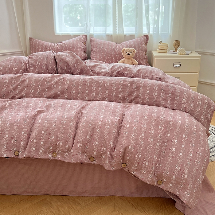 91家纺网 家纺一手货源 找家纺 优尚佳生活馆 2025秋冬新款高克重亚麻复古侘季风复麻系列四件套 紫菱粉蔓