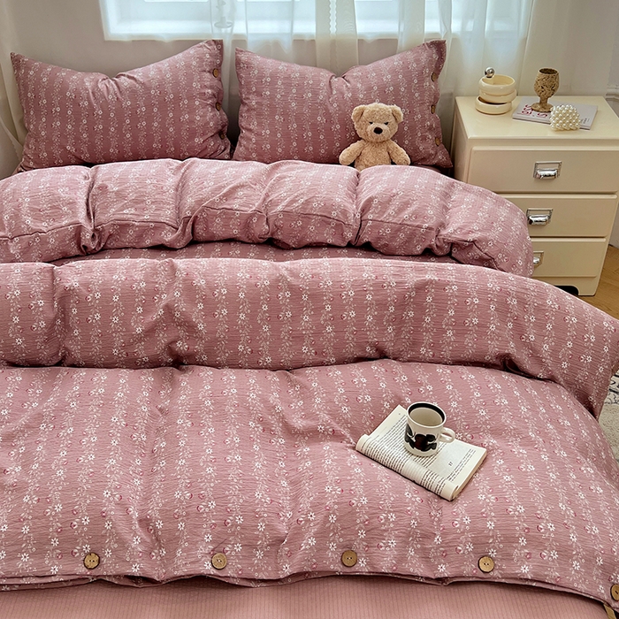 91家纺网 家纺一手货源 找家纺 优尚佳生活馆 2025秋冬新款高克重亚麻复古侘季风复麻系列四件套 紫菱粉蔓