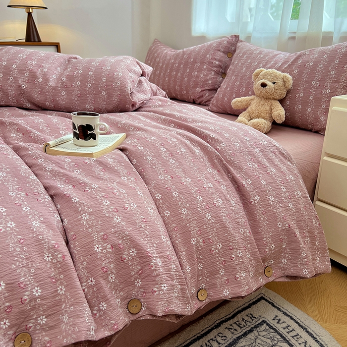 91家纺网 家纺一手货源 找家纺 优尚佳生活馆 2025秋冬新款高克重亚麻复古侘季风复麻系列四件套 紫菱粉蔓