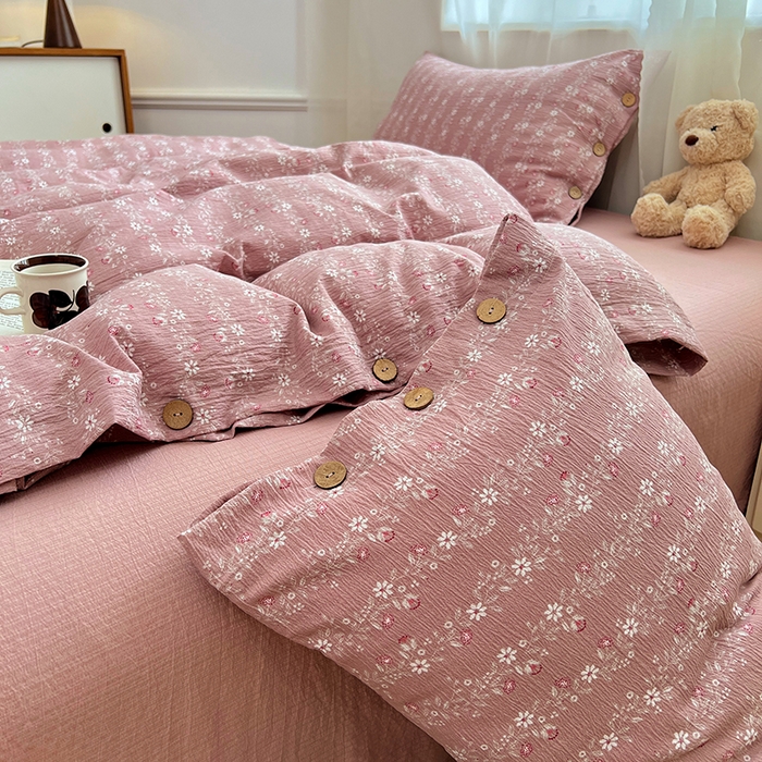 91家纺网 家纺一手货源 找家纺 优尚佳生活馆 2025秋冬新款高克重亚麻复古侘季风复麻系列四件套 紫菱粉蔓