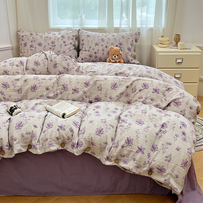 91家纺网 家纺一手货源 找家纺 优尚佳生活馆 2025秋冬新款高克重亚麻复古侘季风复麻系列四件套 紫菀