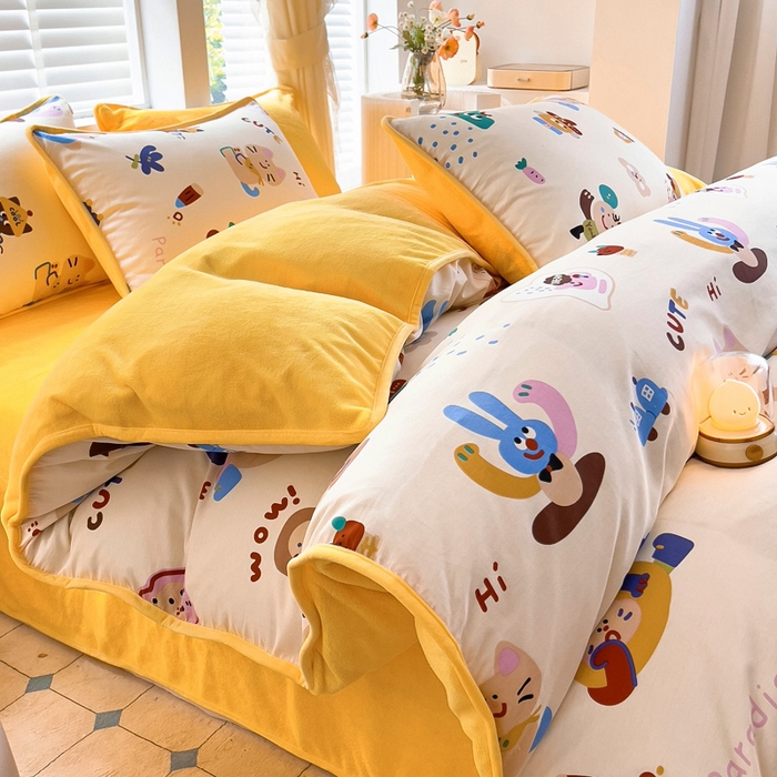 91家纺网 家纺一手货源 找家纺 琪琪阁家纺 2025新款A类全棉纯棉加牛奶绒包边款单被套四件套 机智萌宠