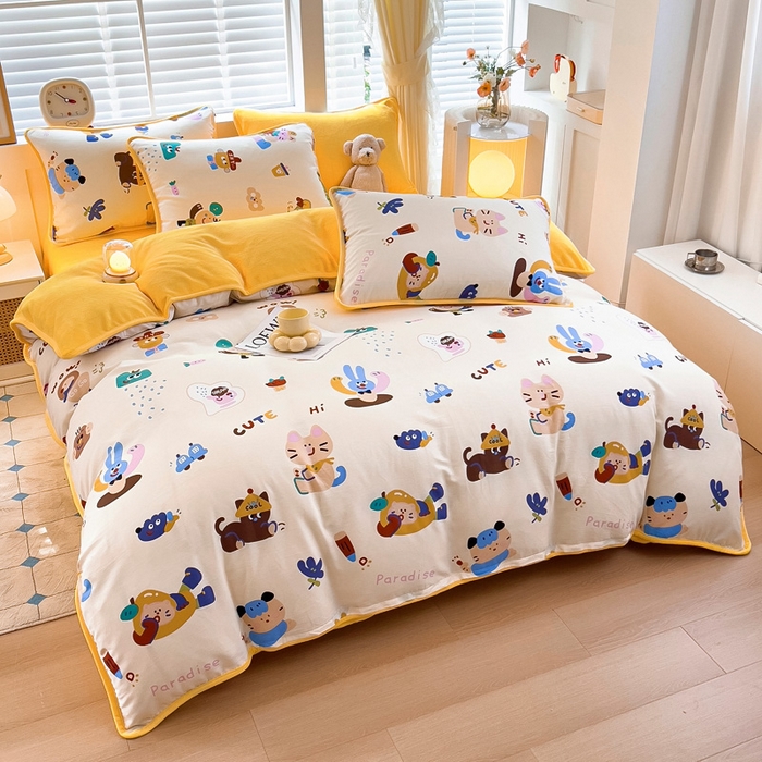 91家纺网 家纺一手货源 找家纺 琪琪阁家纺 2025新款A类全棉纯棉加牛奶绒包边款单被套四件套 机智萌宠