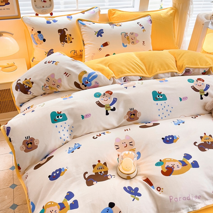 91家纺网 家纺一手货源 找家纺 琪琪阁家纺 2025新款A类全棉纯棉加牛奶绒包边款单被套四件套 机智萌宠