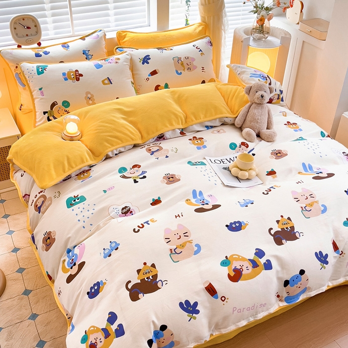 91家纺网 家纺一手货源 找家纺 琪琪阁家纺 2025新款A类全棉纯棉加牛奶绒包边款单被套四件套 机智萌宠