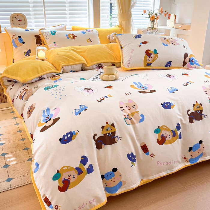 91家纺网 家纺一手货源 找家纺 琪琪阁家纺 2025新款A类全棉纯棉加牛奶绒包边款单被套四件套 机智萌宠