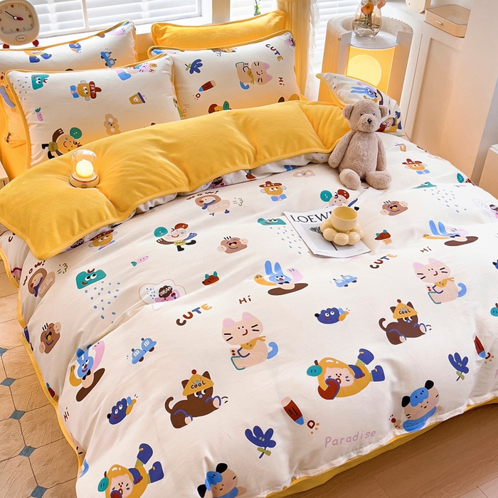 91家纺网 家纺一手货源 找家纺 琪琪阁家纺 2025新款A类全棉纯棉加牛奶绒包边款单被套四件套 机智萌宠