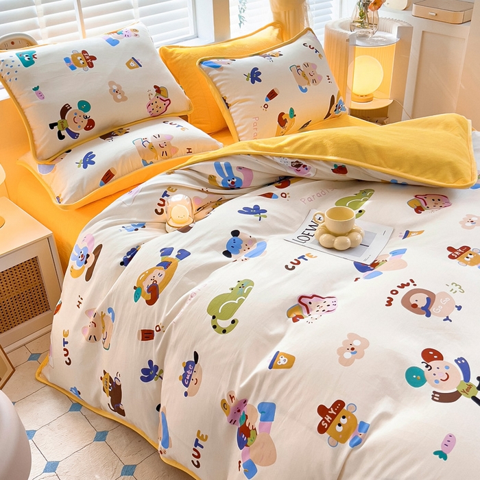 91家纺网 家纺一手货源 找家纺 琪琪阁家纺 2025新款A类全棉纯棉加牛奶绒包边款单被套四件套 机智萌宠