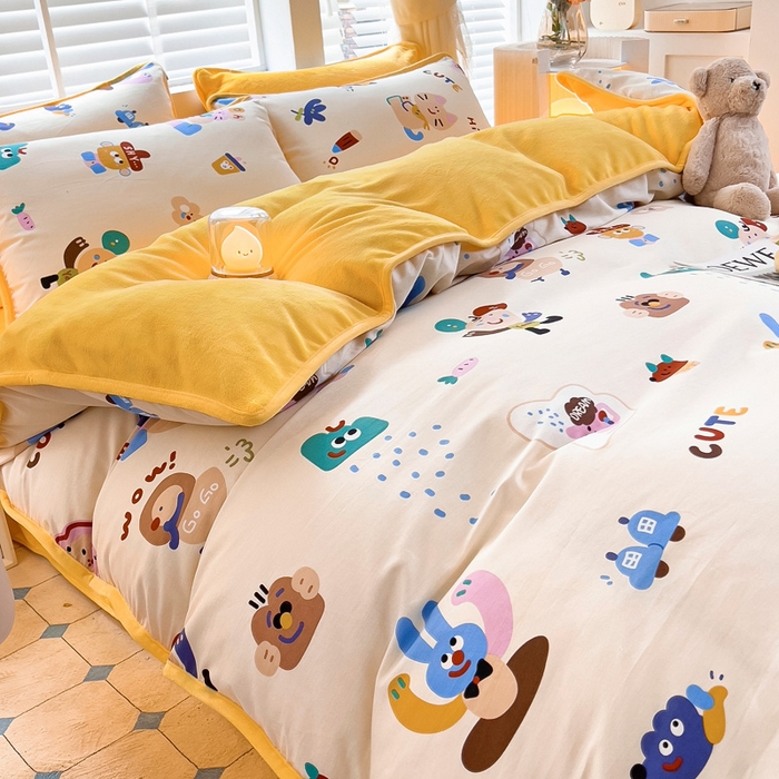 91家纺网 家纺一手货源 找家纺 琪琪阁家纺 2025新款A类全棉纯棉加牛奶绒包边款单被套四件套 机智萌宠