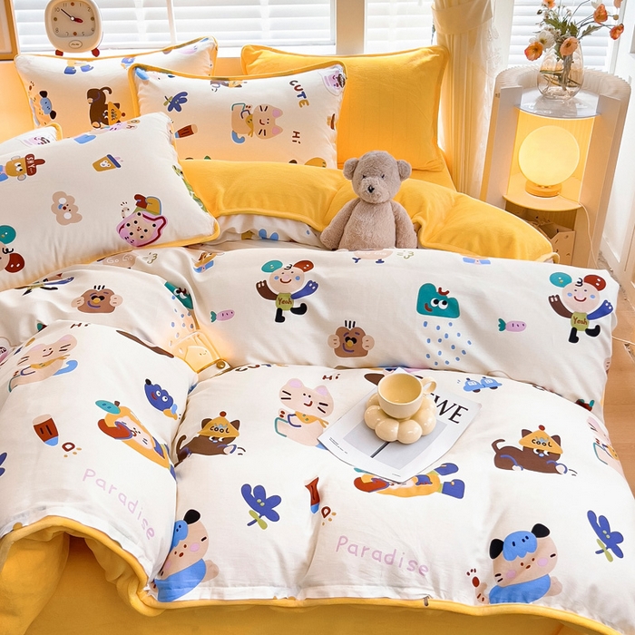 91家纺网 家纺一手货源 找家纺 琪琪阁家纺 2025新款A类全棉纯棉加牛奶绒包边款单被套四件套 机智萌宠