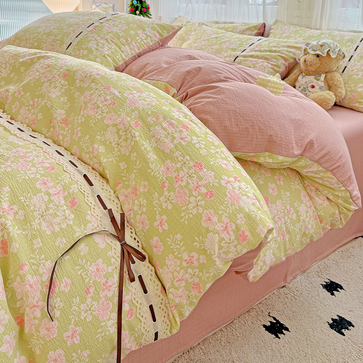 91家纺网 家纺一手货源 找家纺 （总）仟网汇 2025新款古法水洗棉全棉花边蝴蝶结四件套