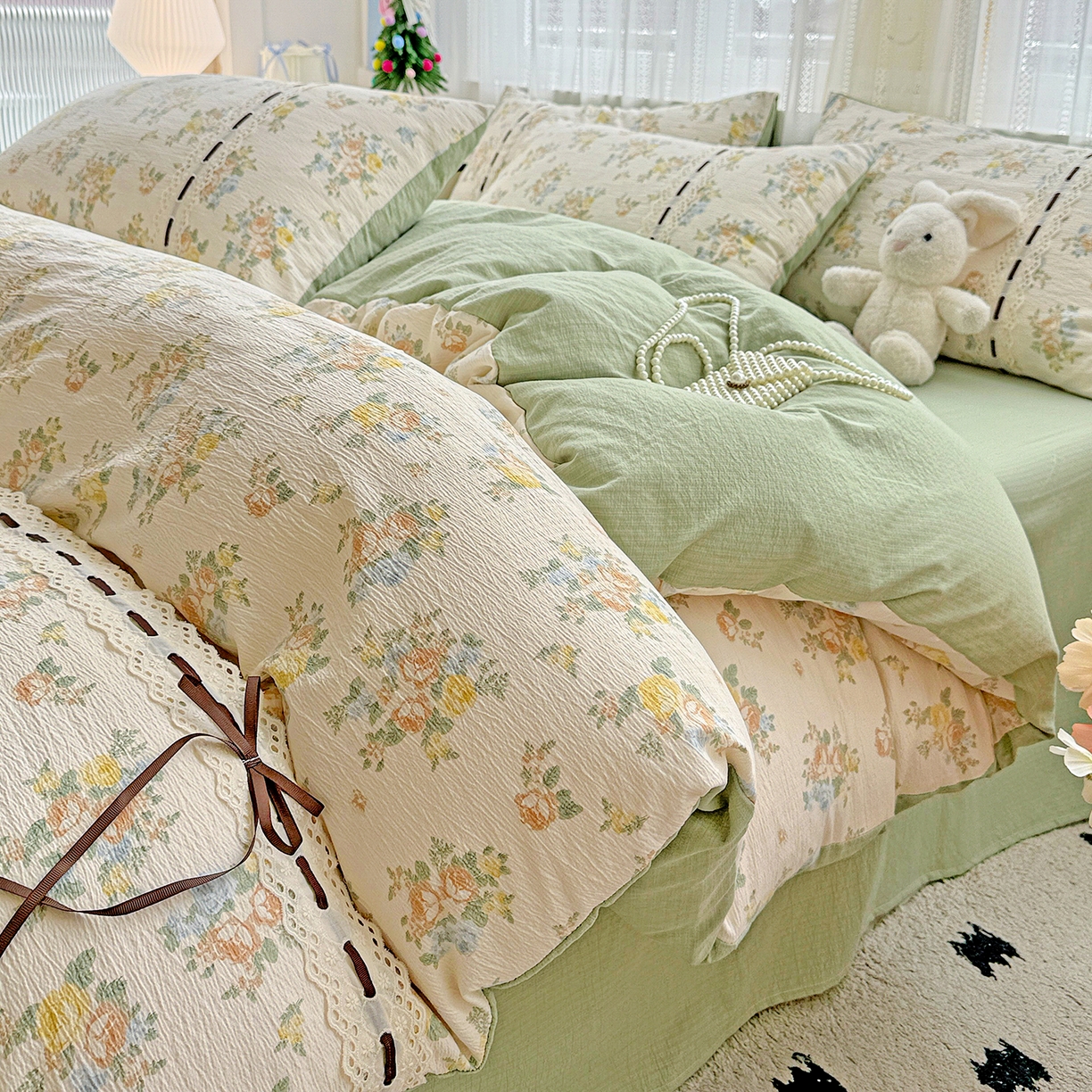 91家纺网 家纺一手货源 找家纺 （总）仟网汇 2025新款古法水洗棉全棉花边蝴蝶结四件套