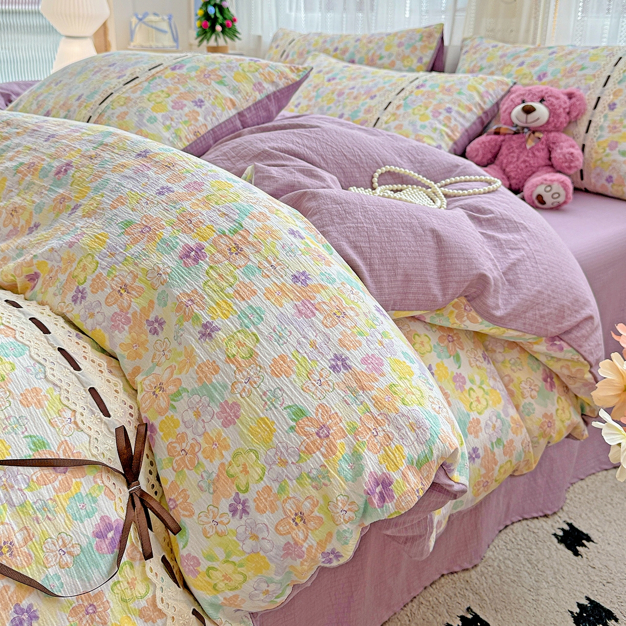 （总）仟网汇 2025新款古法水洗棉全棉花边蝴蝶结四件套