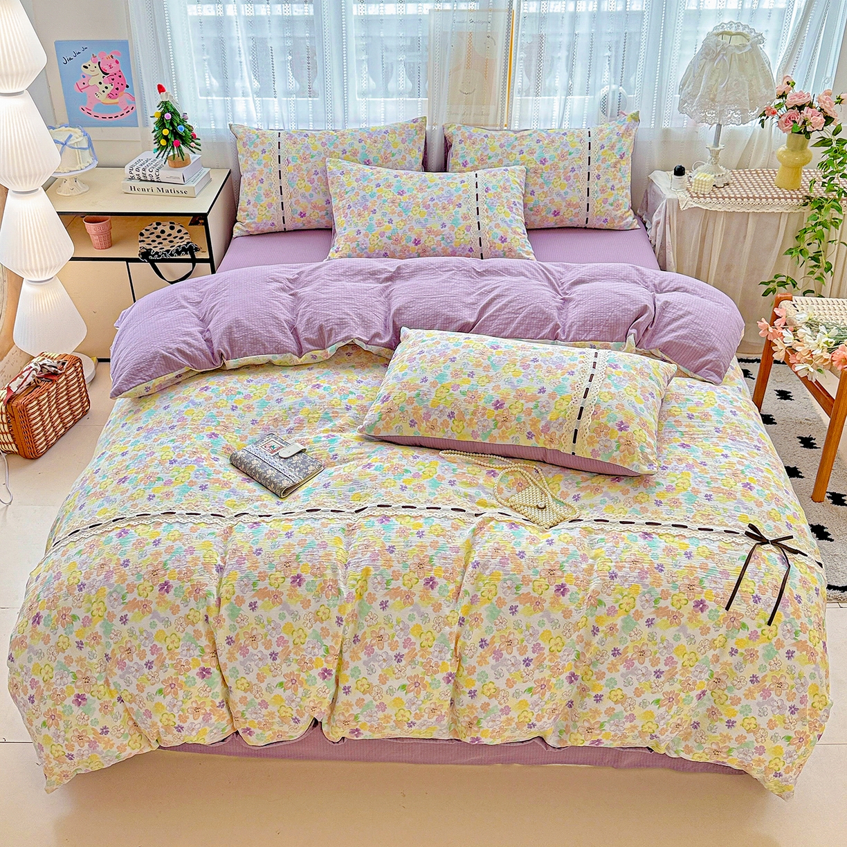 91家纺网 家纺一手货源 找家纺 （总）仟网汇 2025新款古法水洗棉全棉花边蝴蝶结四件套