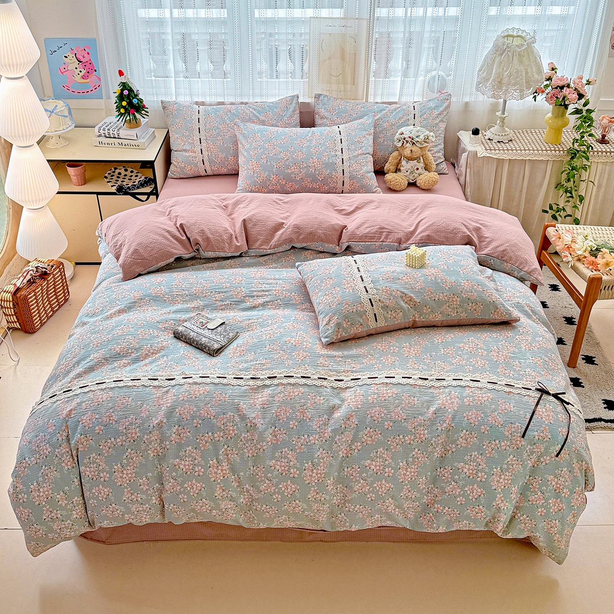 91家纺网 家纺一手货源 找家纺 仟网汇 2025新款古法水洗棉全棉花边蝴蝶结四件套 雅集