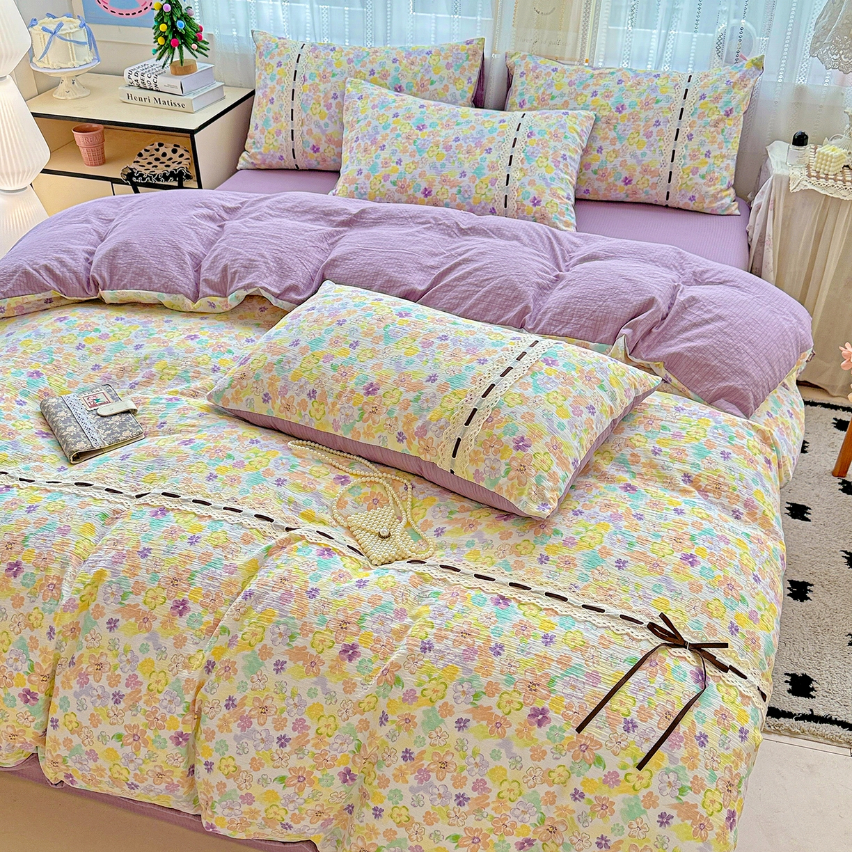 91家纺网 家纺一手货源 找家纺 （总）仟网汇 2025新款古法水洗棉全棉花边蝴蝶结四件套