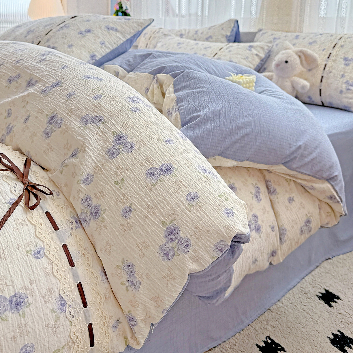 91家纺网 家纺一手货源 找家纺 （总）仟网汇 2025新款古法水洗棉全棉花边蝴蝶结四件套