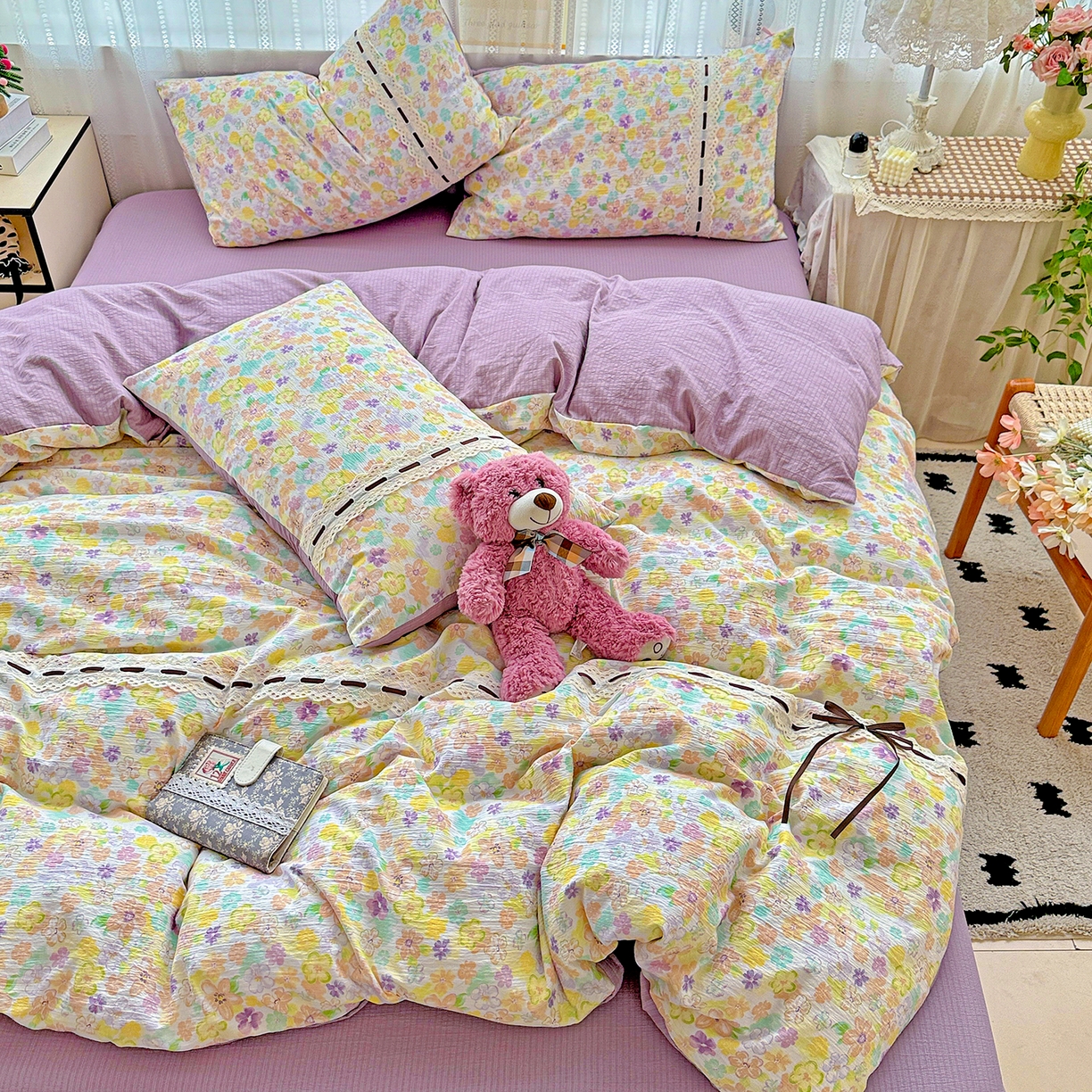 91家纺网 家纺一手货源 找家纺 （总）仟网汇 2025新款古法水洗棉全棉花边蝴蝶结四件套