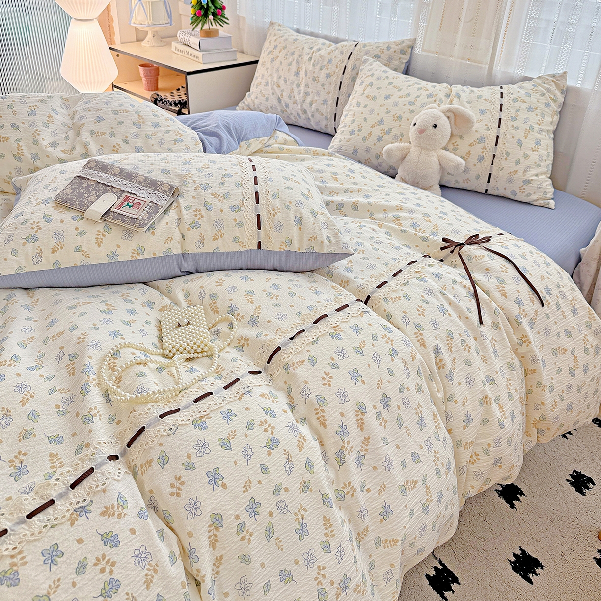 91家纺网 家纺一手货源 找家纺 仟网汇 2025新款古法水洗棉全棉花边蝴蝶结四件套 鸢尾兰