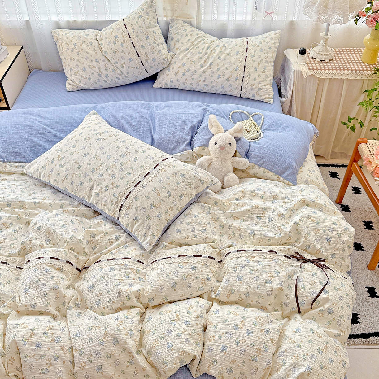 91家纺网 家纺一手货源 找家纺 仟网汇 2025新款古法水洗棉全棉花边蝴蝶结四件套 鸢尾兰