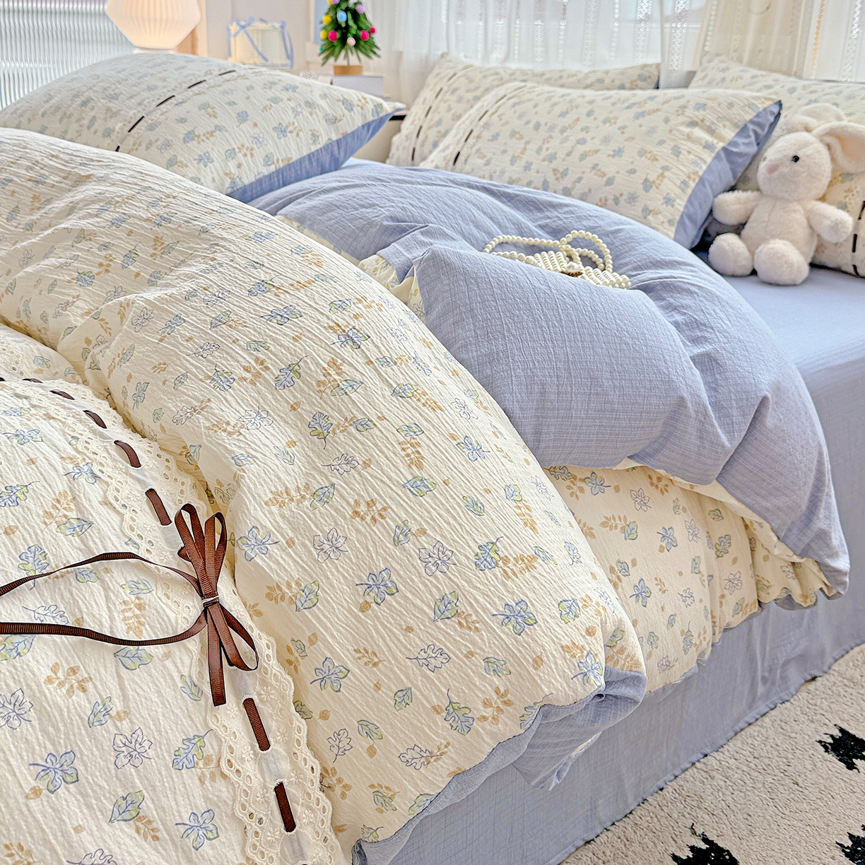 仟网汇 2025新款古法水洗棉全棉花边蝴蝶结四件套 鸢尾兰