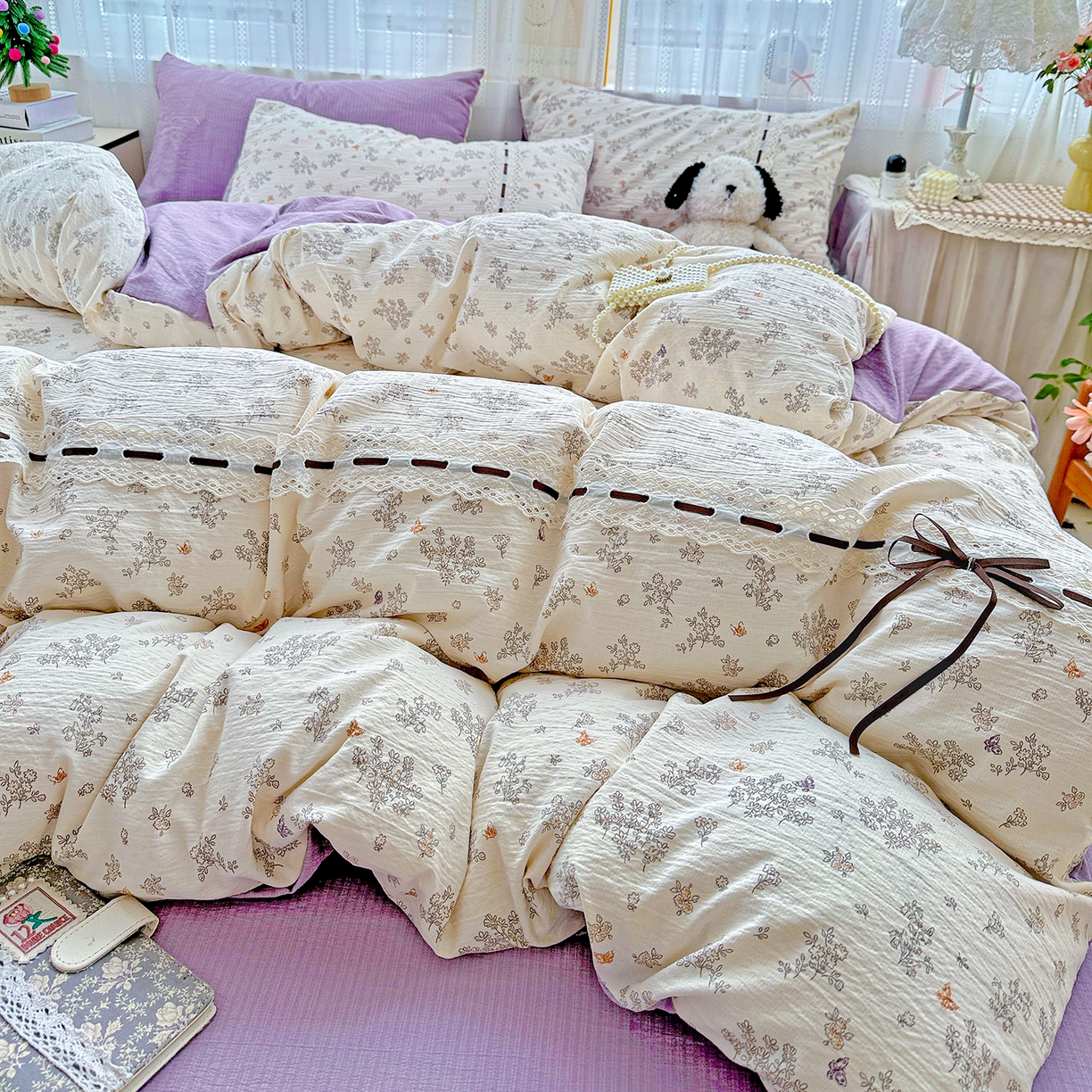 91家纺网 家纺一手货源 找家纺 仟网汇 2025新款古法水洗棉全棉花边蝴蝶结四件套 静初