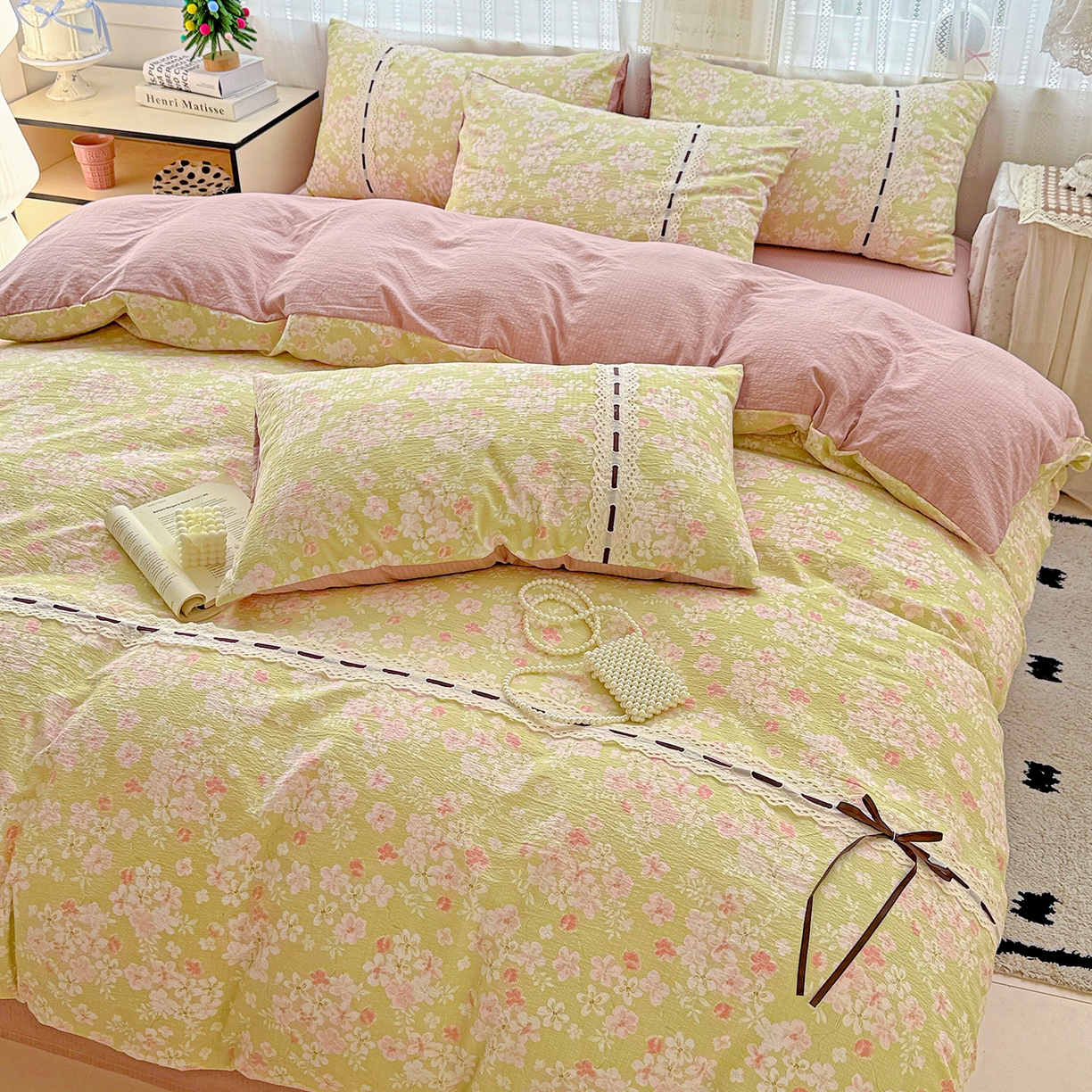 91家纺网 家纺一手货源 找家纺 仟网汇 2025新款古法水洗棉全棉花边蝴蝶结四件套 觅秋