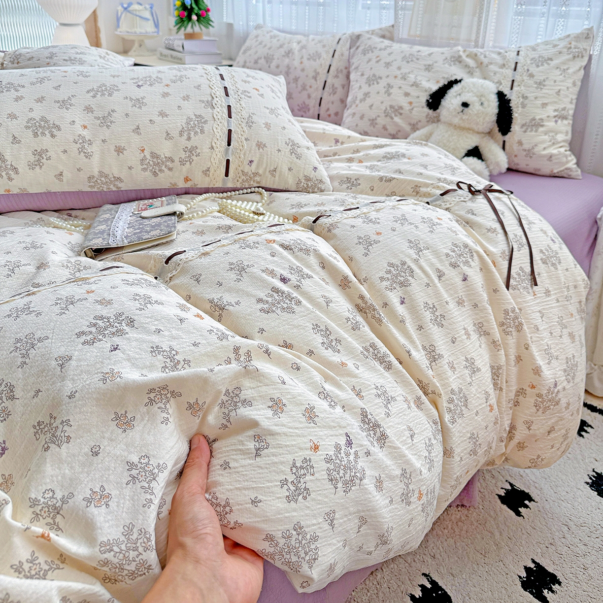 91家纺网 家纺一手货源 找家纺 仟网汇 2025新款古法水洗棉全棉花边蝴蝶结四件套 静初