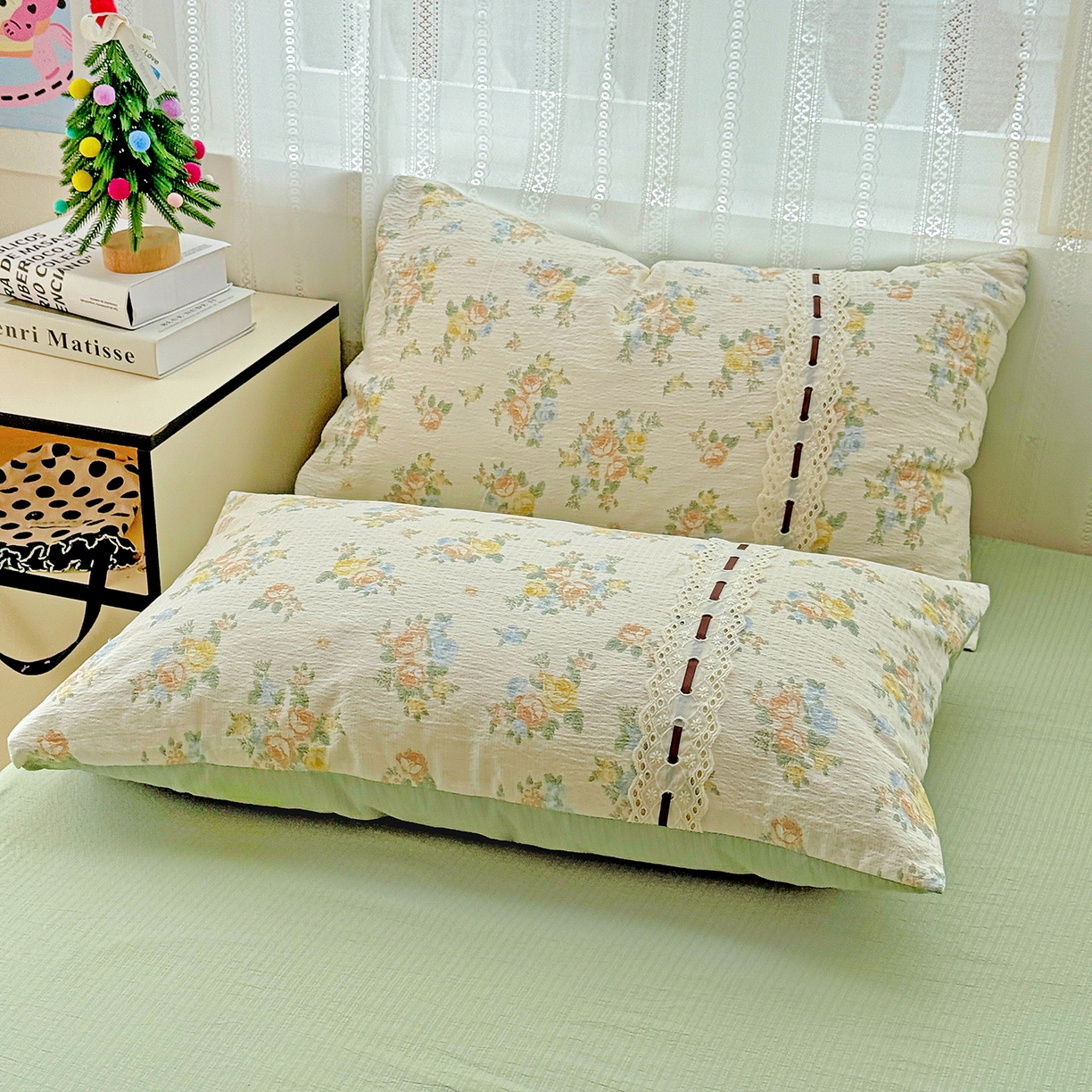 91家纺网 家纺一手货源 找家纺 仟网汇 2025新款古法水洗棉全棉花边蝴蝶结四件套 绿野仙踪