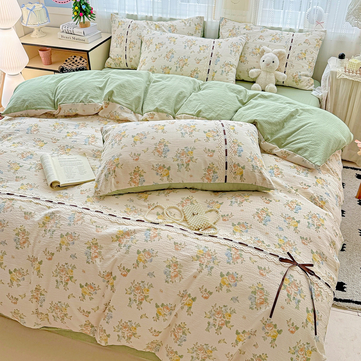 91家纺网 家纺一手货源 找家纺 仟网汇 2025新款古法水洗棉全棉花边蝴蝶结四件套 绿野仙踪