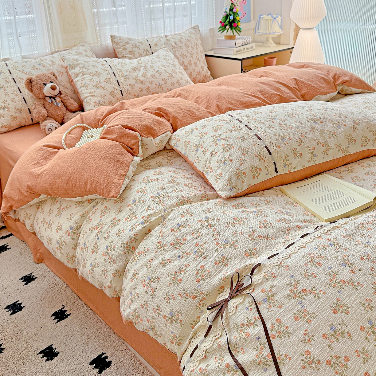 91家纺网 家纺一手货源 找家纺 仟网汇 2025新款古法水洗棉全棉花边蝴蝶结四件套 可可庄园