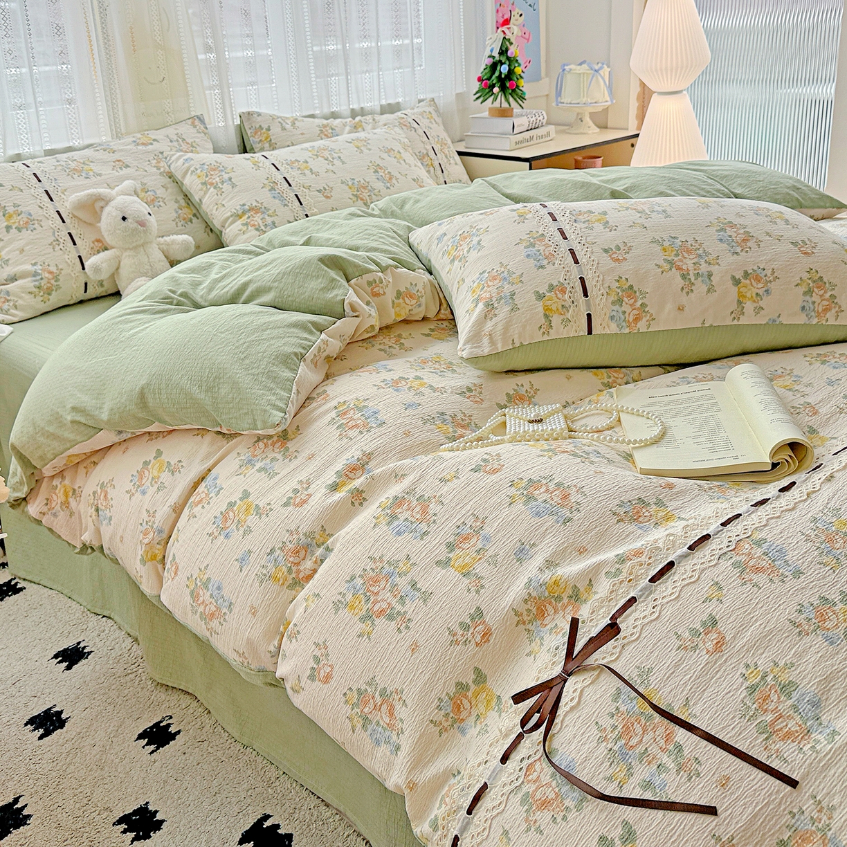 91家纺网 家纺一手货源 找家纺 仟网汇 2025新款古法水洗棉全棉花边蝴蝶结四件套 绿野仙踪