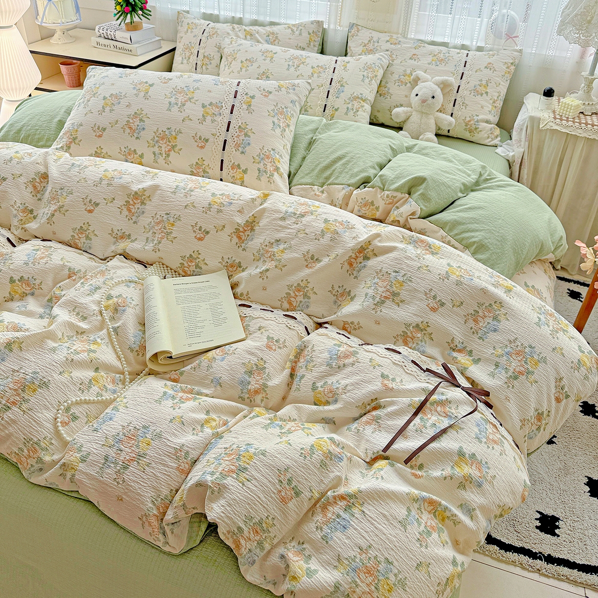 91家纺网 家纺一手货源 找家纺 仟网汇 2025新款古法水洗棉全棉花边蝴蝶结四件套 绿野仙踪