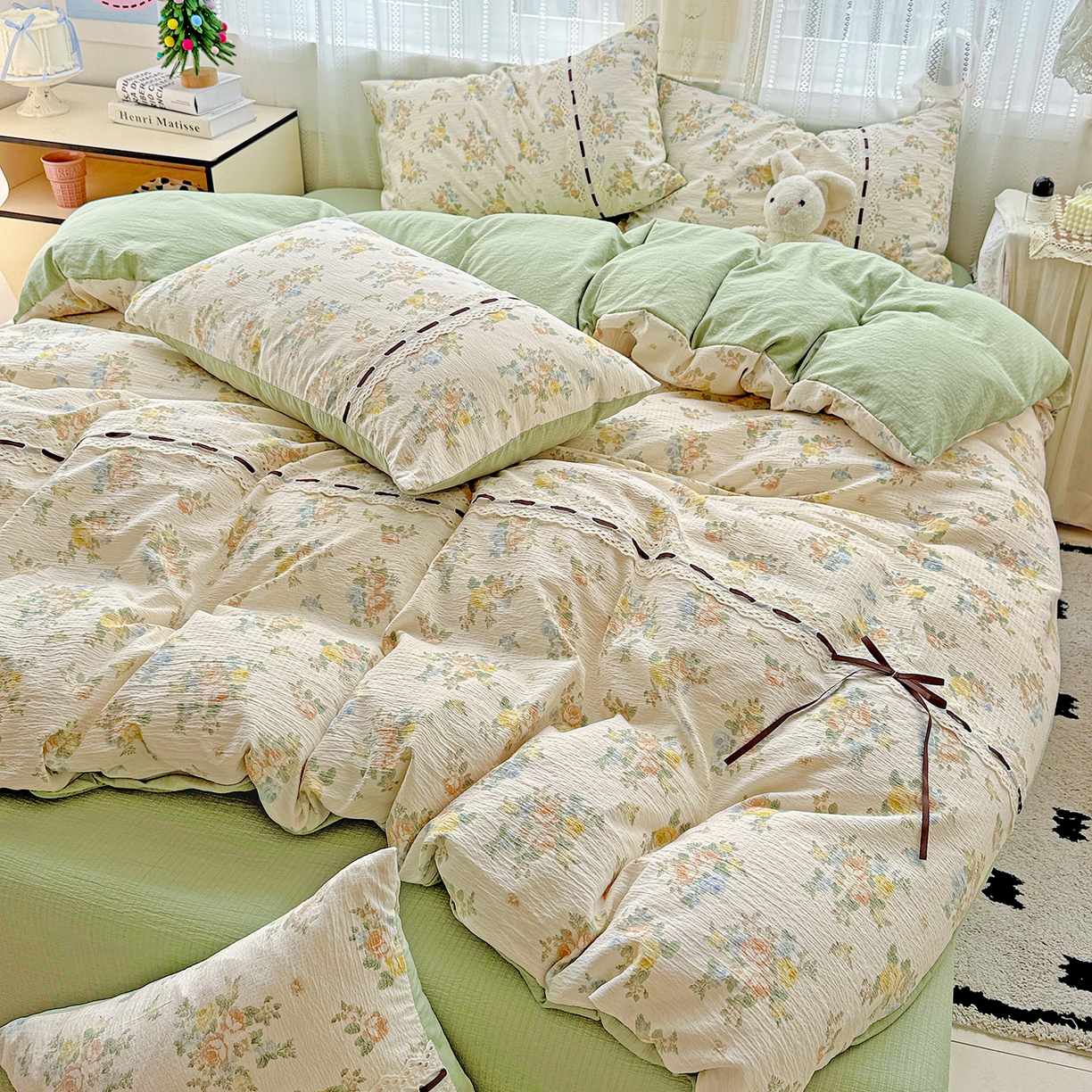 91家纺网 家纺一手货源 找家纺 仟网汇 2025新款古法水洗棉全棉花边蝴蝶结四件套 绿野仙踪