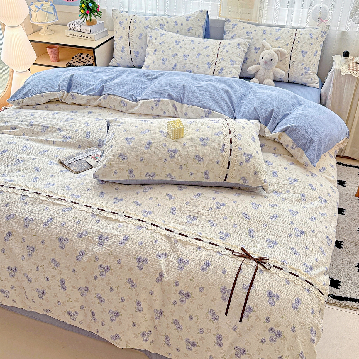 91家纺网 家纺一手货源 找家纺 仟网汇 2025新款古法水洗棉全棉花边蝴蝶结四件套 暮归十里