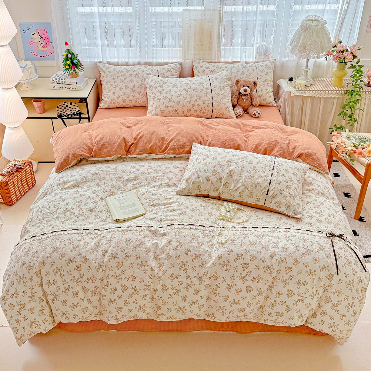 91家纺网 家纺一手货源 找家纺 仟网汇 2025新款古法水洗棉全棉花边蝴蝶结四件套 可可庄园