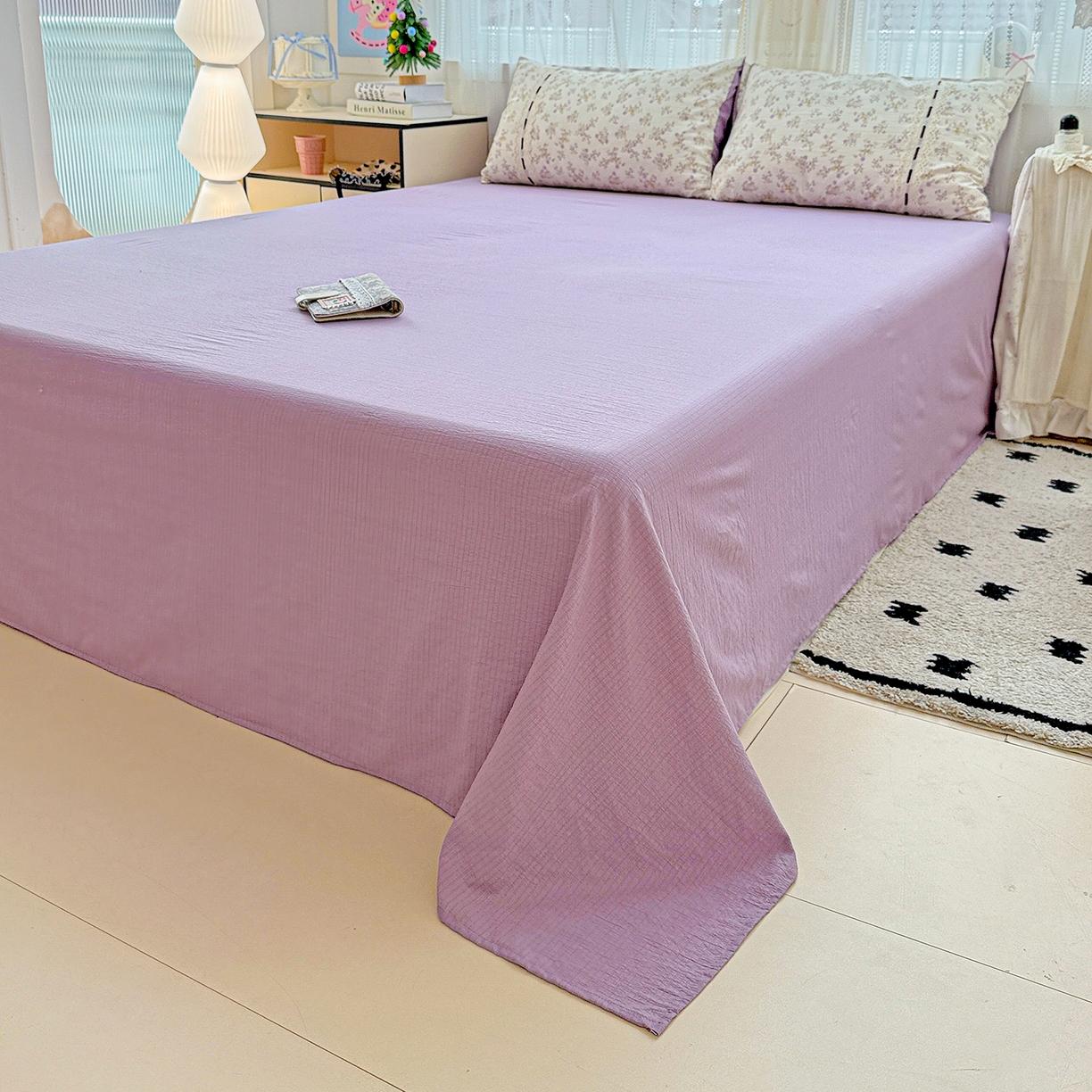 91家纺网 家纺一手货源 找家纺 仟网汇 2025新款古法水洗棉全棉花边蝴蝶结四件套 紫郁