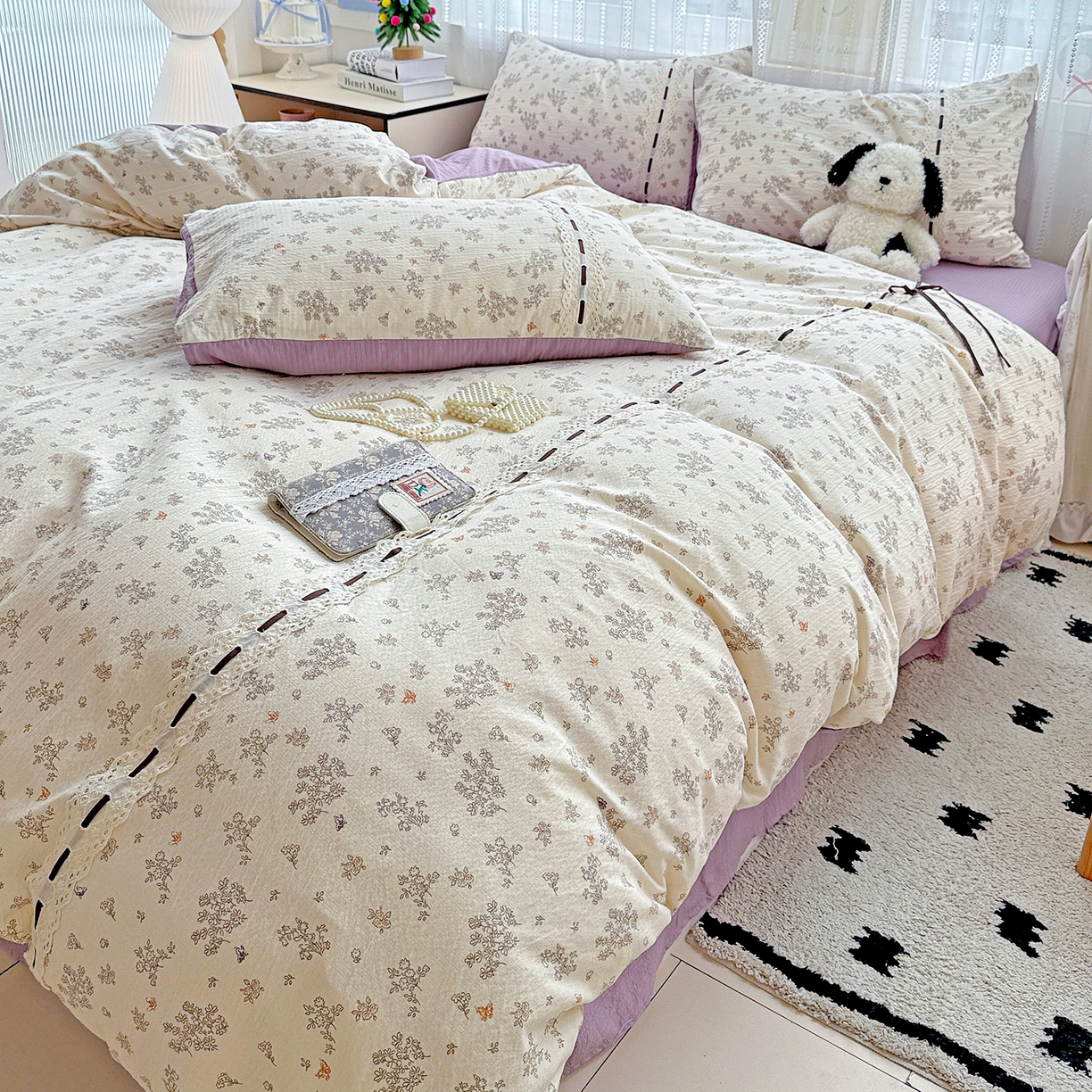 91家纺网 家纺一手货源 找家纺 仟网汇 2025新款古法水洗棉全棉花边蝴蝶结四件套 静初